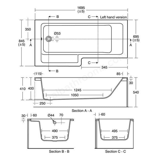 Ideal Standard Tempo Cube 1700mm Shower Bath; Left Handed; 0 Tap Holes - White